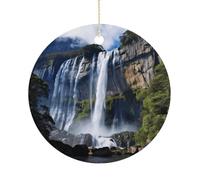 Christmas Ceramic Ornament 2.9 Inch - Double-Sided Round Xmas Tree Decor, Beautiful Waterfall Ornament for Xmas Home Decor, Lightweight & Fade-Resistant