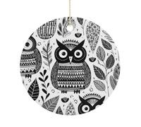 Christmas Ceramic Ornament 2.9 Inch - Double-Sided Round Xmas Tree Decor, Black and White Owl Ornament for Xmas Home Decor, Lightweight & Fade-Resistant