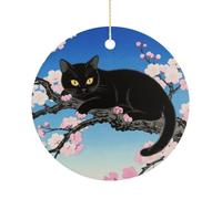 Christmas Ceramic Ornament 2.9 Inch - Double-Sided Round Xmas Tree Decor, Black Cat Floral Ornament for Xmas Home Decor, Lightweight & Fade-Resistant