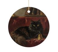 Christmas Ceramic Ornament 2.9 Inch - Double-Sided Round Xmas Tree Decor, Black Fluffy Cat Ornament for Xmas Home Decor, Lightweight & Fade-Resistant