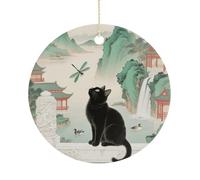 Christmas Ceramic Ornament 2.9 Inch - Double-Sided Round Xmas Tree Decor, Black Fluffy Cat Watch Dragonfly Ornament for Xmas Home Decor, Lightweight & Fade-Resistant