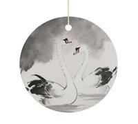 Christmas Ceramic Ornament 2.9 Inch - Double-Sided Round Xmas Tree Decor, Black White Swans Ornament for Xmas Home Decor, Lightweight & Fade-Resistant