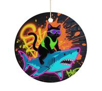 Christmas Ceramic Ornament 2.9 Inch - Double-Sided Round Xmas Tree Decor, Blacklight Cat Riding Shark Ornament for Xmas Home Decor, Lightweight & Fade-Resistant