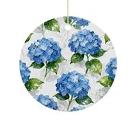 Christmas Ceramic Ornament 2.9 Inch - Double-Sided Round Xmas Tree Decor, Blue Hydrangea Pattern Ornament for Xmas Home Decor, Lightweight & Fade-Resistant