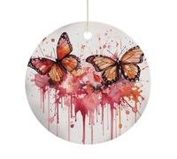 Christmas Ceramic Ornament 2.9 Inch - Double-Sided Round Xmas Tree Decor, Butterfly Drip Spray Watercolor Ornament for Xmas Home Decor, Lightweight & Fade-Resistant