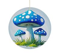 Christmas Ceramic Ornament 2.9 Inch - Double-Sided Round Xmas Tree Decor, Cartoon Blue Mushroom Ornament for Xmas Home Decor, Lightweight & Fade-Resistant