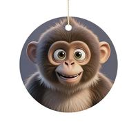 Christmas Ceramic Ornament 2.9 Inch - Double-Sided Round Xmas Tree Decor, Cartoon Brown Monkey Ornament for Xmas Home Decor, Lightweight & Fade-Resistant