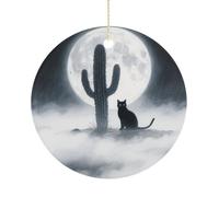 Christmas Ceramic Ornament 2.9 Inch - Double-Sided Round Xmas Tree Decor, Cat Cactus Ornament for Xmas Home Decor, Lightweight & Fade-Resistant