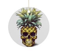 Christmas Ceramic Ornament 2.9 Inch - Double-Sided Round Xmas Tree Decor, Cool Skull Pineapple Ornament for Xmas Home Decor, Lightweight & Fade-Resistant