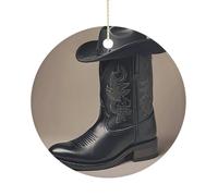 Christmas Ceramic Ornament 2.9 Inch - Double-Sided Round Xmas Tree Decor, Cute Cowboy Black Hat Western Boots Ornament for Xmas Home Decor, Lightweight & Fade-Resistant