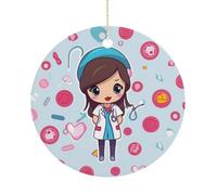 Christmas Ceramic Ornament 2.9 Inch - Double-Sided Round Xmas Tree Decor, Cute Nurse Ornament for Xmas Home Decor, Lightweight & Fade-Resistant