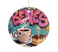 Christmas Ceramic Ornament 2.9 Inch - Double-Sided Round Xmas Tree Decor, Doodle Style Coffee Cake Ornament for Xmas Home Decor, Lightweight & Fade-Resistant