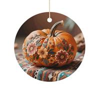 Christmas Ceramic Ornament 2.9 Inch - Double-Sided Round Xmas Tree Decor, Fall Pumpkin Ethic Boho Floral Ornament for Xmas Home Decor, Lightweight & Fade-Resistant