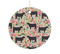 Christmas Ceramic Ornament 2.9 Inch - Double-Sided Round Xmas Tree Decor, Flower Show Steer Cows Cattle Ornament for Xmas Home Decor, Lightweight & Fade-Resistant