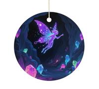 Christmas Ceramic Ornament 2.9 Inch - Double-Sided Round Xmas Tree Decor, Fluorescent Fairy Ornament for Xmas Home Decor, Lightweight & Fade-Resistant