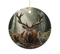 Christmas Ceramic Ornament 2.9 Inch - Double-Sided Round Xmas Tree Decor, Forest Wildlife Ornament for Xmas Home Decor, Lightweight & Fade-Resistant