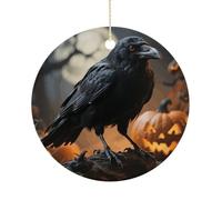 Christmas Ceramic Ornament 2.9 Inch - Double-Sided Round Xmas Tree Decor, Frightening Halloween Crow Ornament for Xmas Home Decor, Lightweight & Fade-Resistant