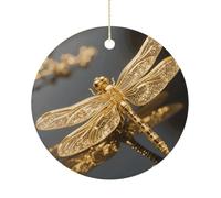 Christmas Ceramic Ornament 2.9 Inch - Double-Sided Round Xmas Tree Decor, Gold Exquisite Dragonfly Ornament for Xmas Home Decor, Lightweight & Fade-Resistant