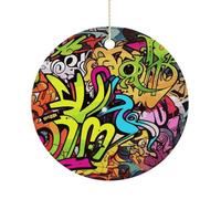 Christmas Ceramic Ornament 2.9 Inch - Double-Sided Round Xmas Tree Decor, Graffiti Drawing Ornament for Xmas Home Decor, Lightweight & Fade-Resistant
