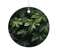 Christmas Ceramic Ornament 2.9 Inch - Double-Sided Round Xmas Tree Decor, Green Leaves Pattern Ornament for Xmas Home Decor, Lightweight & Fade-Resistant