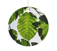 Christmas Ceramic Ornament 2.9 Inch - Double-Sided Round Xmas Tree Decor, Green Leaves Pattern Ornament for Xmas Home Decor, Lightweight & Fade-Resistant