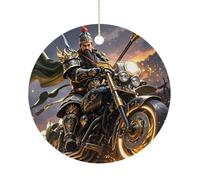 Christmas Ceramic Ornament 2.9 Inch - Double-Sided Round Xmas Tree Decor, Guan Yu Rides A Motorcycle Ornament for Xmas Home Decor, Lightweight & Fade-Resistant