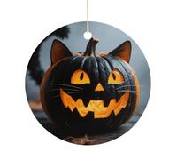 Christmas Ceramic Ornament 2.9 Inch - Double-Sided Round Xmas Tree Decor, Halloween Black Cat Pumpkin Ornament for Xmas Home Decor, Lightweight & Fade-Resistant
