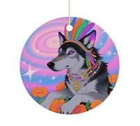 Christmas Ceramic Ornament 2.9 Inch - Double-Sided Round Xmas Tree Decor, Hippie Wolf Ornament for Xmas Home Decor, Lightweight & Fade-Resistant