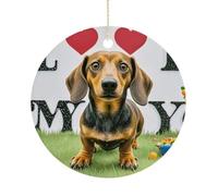 Christmas Ceramic Ornament 2.9 Inch - Double-Sided Round Xmas Tree Decor, I Love My Dog Dachshunds Ornament for Xmas Home Decor, Lightweight & Fade-Resistant