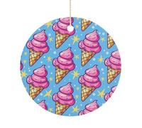 Christmas Ceramic Ornament 2.9 Inch - Double-Sided Round Xmas Tree Decor, Ice Cream Cone Pattern Ornament for Xmas Home Decor, Lightweight & Fade-Resistant