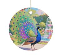Christmas Ceramic Ornament 2.9 Inch - Double-Sided Round Xmas Tree Decor, Indian Peacock Ornament for Xmas Home Decor, Lightweight & Fade-Resistant