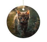 Christmas Ceramic Ornament 2.9 Inch - Double-Sided Round Xmas Tree Decor, Kitten Walking on The Grass Ornament for Xmas Home Decor, Lightweight & Fade-Resistant