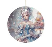Christmas Ceramic Ornament 2.9 Inch - Double-Sided Round Xmas Tree Decor, Lady in Front of Cake Ornament for Xmas Home Decor, Lightweight & Fade-Resistant