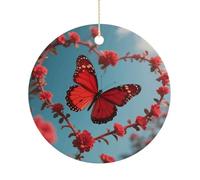 Christmas Ceramic Ornament 2.9 Inch - Double-Sided Round Xmas Tree Decor, Lover's Red Butterfly Ornament for Xmas Home Decor, Lightweight & Fade-Resistant