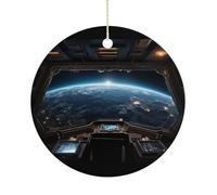 Christmas Ceramic Ornament 2.9 Inch - Double-Sided Round Xmas Tree Decor, Outer Space Views from The Spaceship Ornament for Xmas Home Decor, Lightweight & Fade-Resistant
