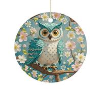Christmas Ceramic Ornament 2.9 Inch - Double-Sided Round Xmas Tree Decor, Owl Spring Flowers Turquoise Ornament for Xmas Home Decor, Lightweight & Fade-Resistant