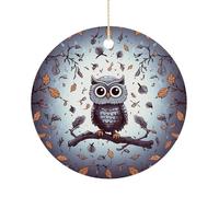 Christmas Ceramic Ornament 2.9 Inch - Double-Sided Round Xmas Tree Decor, Owl Tree Branches Ornament for Xmas Home Decor, Lightweight & Fade-Resistant