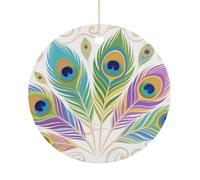 Christmas Ceramic Ornament 2.9 Inch - Double-Sided Round Xmas Tree Decor, Peacock Feather Ornament for Xmas Home Decor, Lightweight & Fade-Resistant