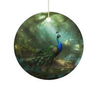 Christmas Ceramic Ornament 2.9 Inch - Double-Sided Round Xmas Tree Decor, Peacock in Forest Ornament for Xmas Home Decor, Lightweight & Fade-Resistant