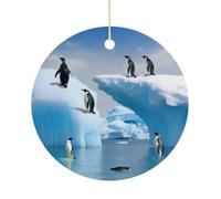 Christmas Ceramic Ornament 2.9 Inch - Double-Sided Round Xmas Tree Decor, Penguins On The Iceberg Ornament for Xmas Home Decor, Lightweight & Fade-Resistant