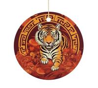 Christmas Ceramic Ornament 2.9 Inch - Double-Sided Round Xmas Tree Decor, Prosperity in The Year of The Tiger Ornament for Xmas Home Decor, Lightweight & Fade-Resistant