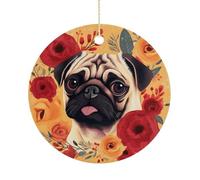 Christmas Ceramic Ornament 2.9 Inch - Double-Sided Round Xmas Tree Decor, Pug Flower Ornament for Xmas Home Decor, Lightweight & Fade-Resistant