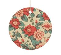 Christmas Ceramic Ornament 2.9 Inch - Double-Sided Round Xmas Tree Decor, Retro Flower Ornament for Xmas Home Decor, Lightweight & Fade-Resistant
