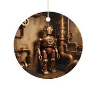 Christmas Ceramic Ornament 2.9 Inch - Double-Sided Round Xmas Tree Decor, Robot in The Corner Ornament for Xmas Home Decor, Lightweight & Fade-Resistant