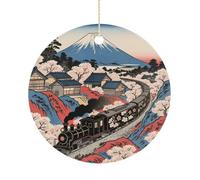 Christmas Ceramic Ornament 2.9 Inch - Double-Sided Round Xmas Tree Decor, Sakura Train Ornament for Xmas Home Decor, Lightweight & Fade-Resistant