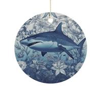 Christmas Ceramic Ornament 2.9 Inch - Double-Sided Round Xmas Tree Decor, Shark Poster Ornament for Xmas Home Decor, Lightweight & Fade-Resistant