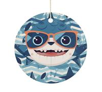Christmas Ceramic Ornament 2.9 Inch - Double-Sided Round Xmas Tree Decor, Shark with Glasses Ornament for Xmas Home Decor, Lightweight & Fade-Resistant