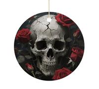 Christmas Ceramic Ornament 2.9 Inch - Double-Sided Round Xmas Tree Decor, Skull Rose Ornament for Xmas Home Decor, Lightweight & Fade-Resistant