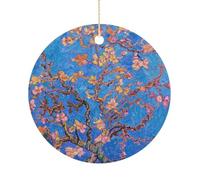 Christmas Ceramic Ornament 2.9 Inch - Double-Sided Round Xmas Tree Decor, Small Peach Flowers Ornament for Xmas Home Decor, Lightweight & Fade-Resistant