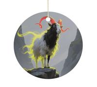 Christmas Ceramic Ornament 2.9 Inch - Double-Sided Round Xmas Tree Decor, Standing Glowing Goat Ornament for Xmas Home Decor, Lightweight & Fade-Resistant